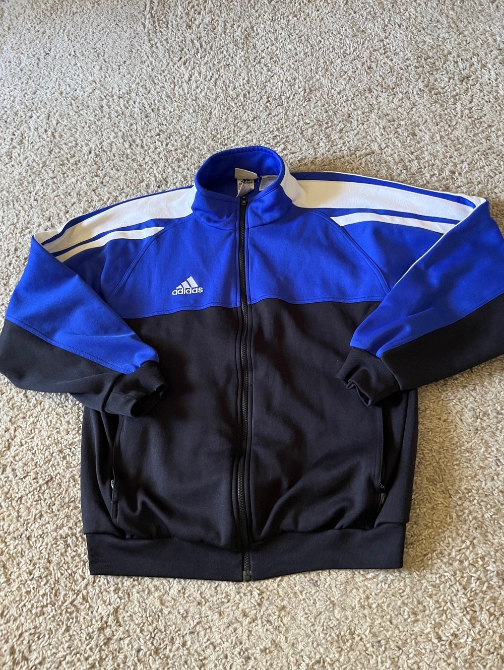 Adidas Blue and Black Track Jacket with White Stripes, Size Large
